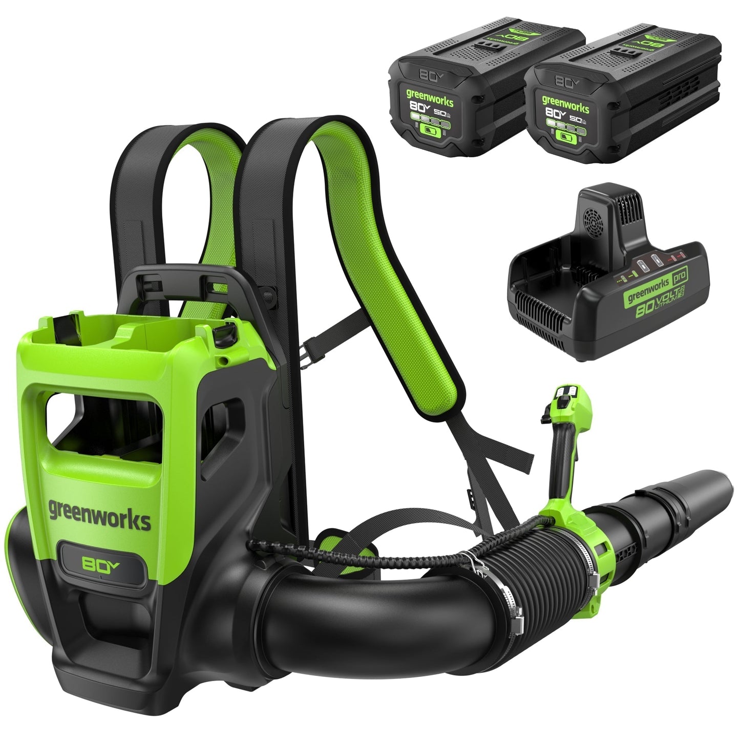 Greenworks 80V 800CFM Cordless Battery Dual Port Backpack Blower w/ (2) 5Ah Battery & Dual Port Rapid Charger - 2420602