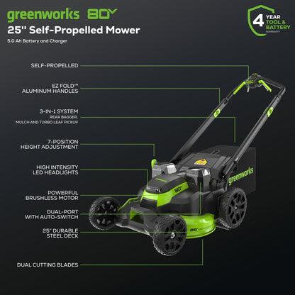 Greenworks 80V 25" Cordless Battery Dual Blade Self-Propelled Mower w/ 5.0Ah Battery & Rapid Charger - 2548402