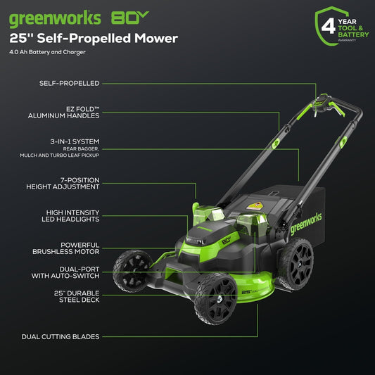 Greenworks 80V 25" Cordless Battery Dual Blade Self-Propelled Mower w/ 4.0Ah Battery & Rapid Charger - 2541402