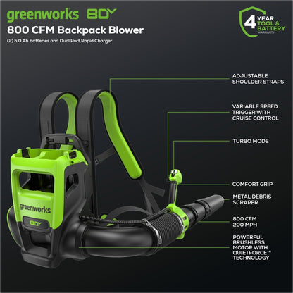 Greenworks 80V 800CFM Cordless Battery Dual Port Backpack Blower w/ (2) 5Ah Battery & Dual Port Rapid Charger - 2420602