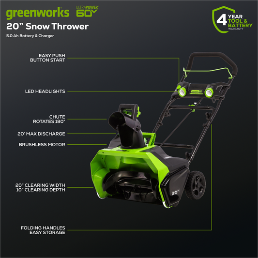 Greenworks 60V 20" Cordless Battery Single-Stage Snow Blower w/ 5.0Ah Battery & Charger - 2608702