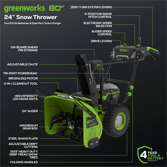 Greenworks 80V 24" Cordless Battery Two-Stage Snow Blower w/ Two (2) 4.0 Ah Batteries & Dual-Port Rapid Charger - 2615702