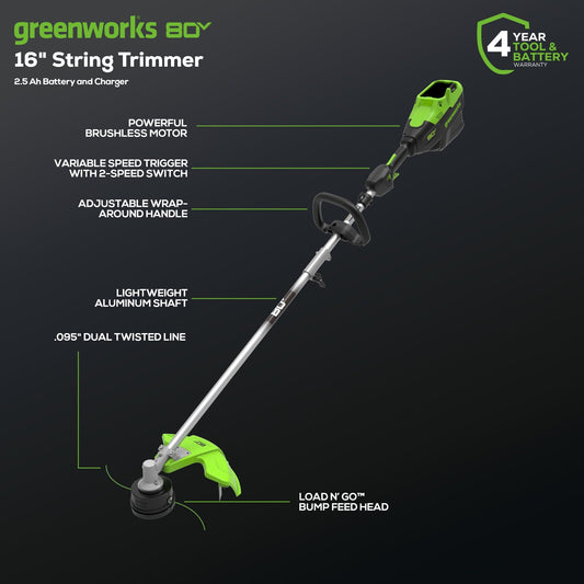 Greenworks 80V  16" Gen3 Cordless Brushless String Trimmer (Attachment Capable) w/ 2.5Ah Battery & Charger - 2140402