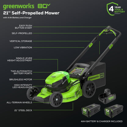 Greenworks 80V 21" Cordless Battery 4-in-1 Self-Propelled Mower w/ (2) 4.0Ah Batteries & Charger - 2533902