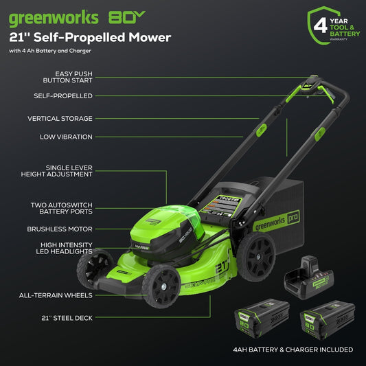 Greenworks 80V 21" Cordless Battery 4-in-1 Self-Propelled Mower w/ (2) 4.0Ah Batteries & Charger - 2533902