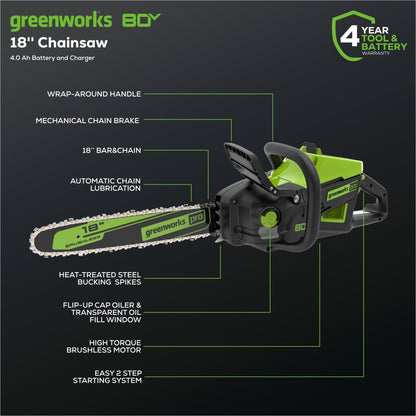 Greenworks 80V 18" Cordless Battery 2.5kW Chainsaw w/ 4.0Ah Battery & Rapid Charger - 2019902