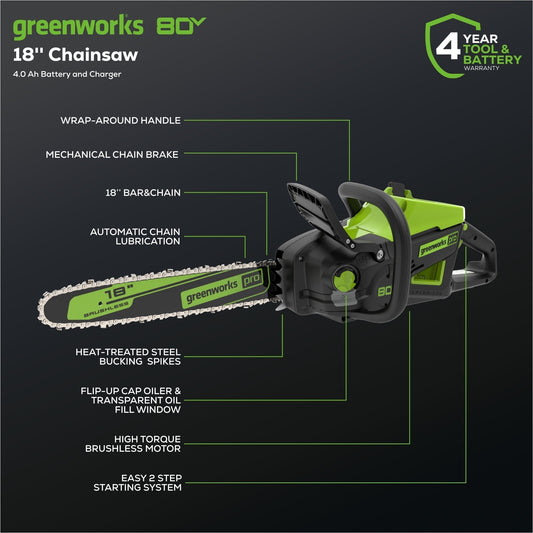 Greenworks 80V 18" Cordless Battery 2.5kW Chainsaw w/ 4.0Ah Battery & Rapid Charger - 2019902