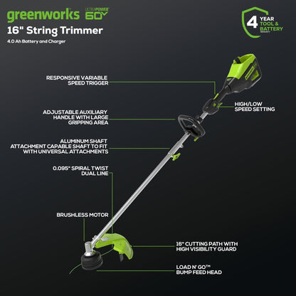 Greenworks 60V 16" Cordless Battery String Trimmer & Hedge Trimmer Attachment Combo Kit - 2135102-VK