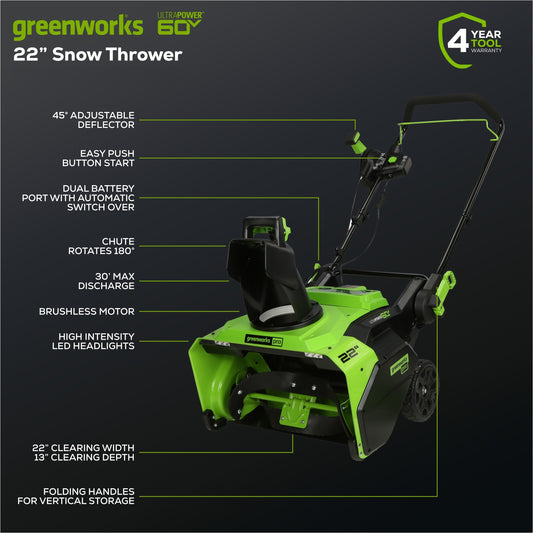 Greenworks 60V 22" Cordless Battery Single-Stage Snow Blower (Tool Only) - 2608802T