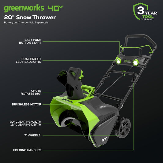 Greenworks 40V 20" Cordless Battery Single-Stage Snow Blower (Tool Only)- 2601102