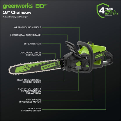 Greenworks 80V 16‘’ 2.0kW Cordless Battery Chainsaw w/ 4.0 Ah Battery & Charger - 2009602