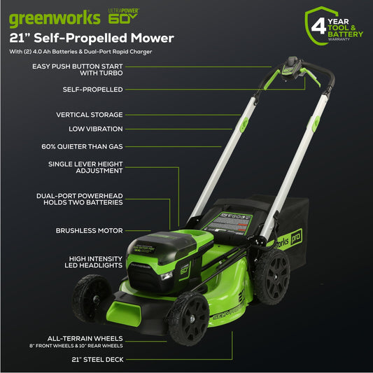 Greenworks 60V 21" Cordless Battery Self-Propelled Lawn Mower w/ Two (2) 4.0Ah Batteries & Dual Port Charger - 2531702