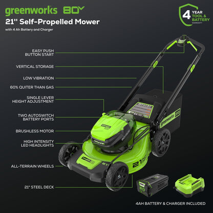 Greenworks 80V 21" GEN 2 Cordless Battery 4-in-1 Push Lawn Mower(Auto Switch) w/ 4.0Ah Battery & Charger - 2541202