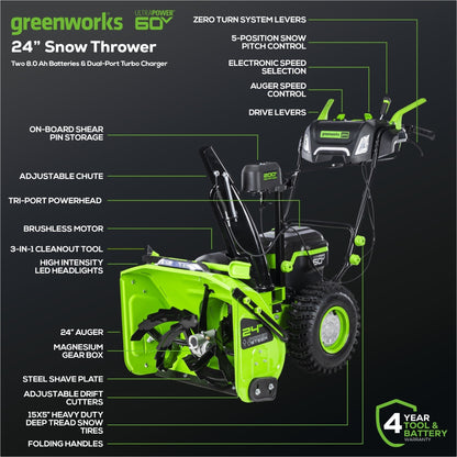 Greenworks 60V 24" Cordless Battery Two-Stage Snow Blower w/ Two (2) 8.0 Ah Batteries & Dual-Port Charger - 2608902