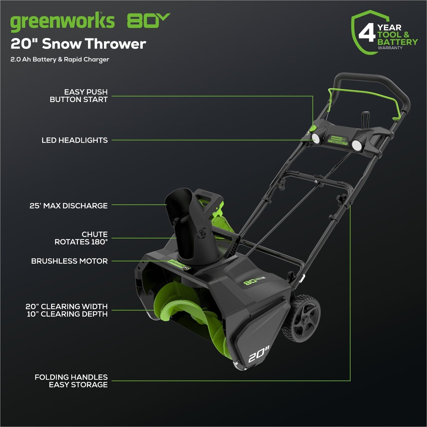 Greenworks 80V 20" Cordless Battery Single-Stage Snow Blower w/ 2.0Ah Battery & Charger - 2600402