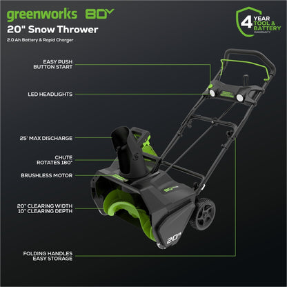 Greenworks 80V 20" Cordless Battery Single-Stage Snow Blower w/ 2.0Ah Battery & Charger - 2600402
