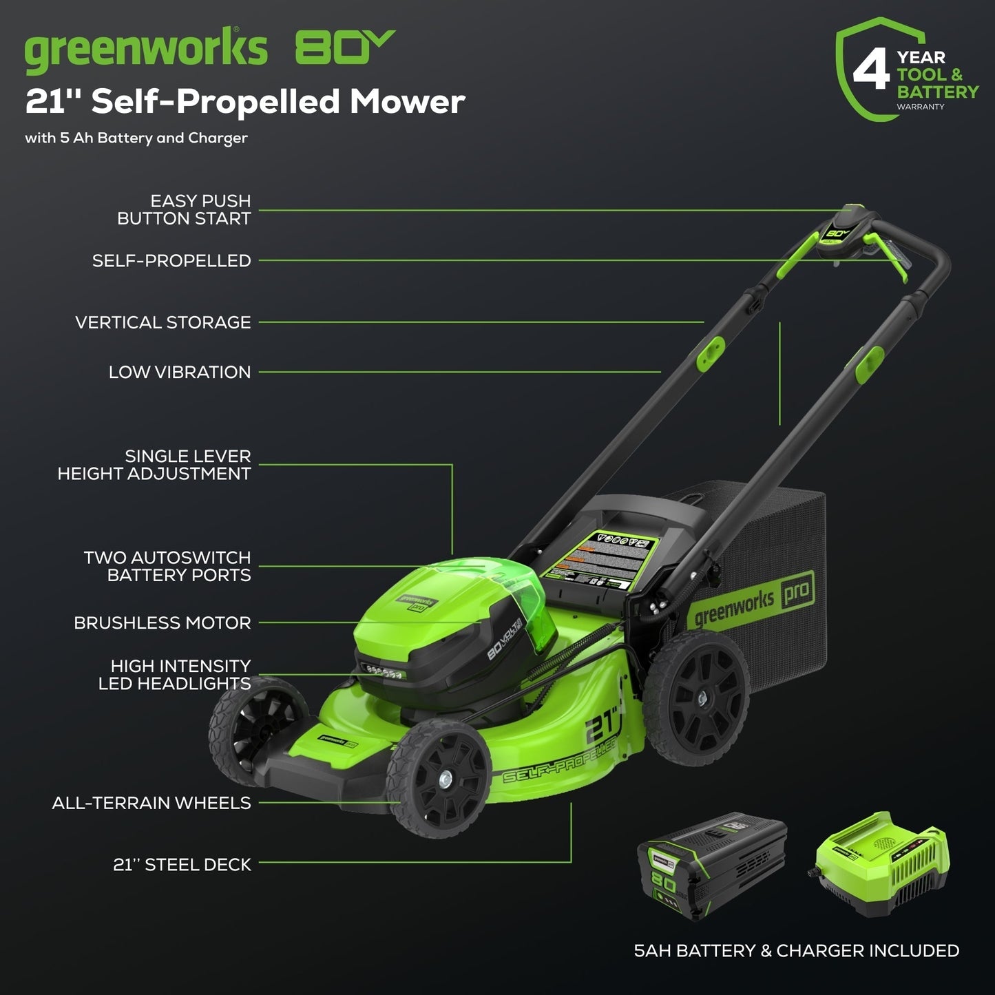 Greenworks 80V 21" Cordless Battery 4-in-1 Self-Propelled Lawn Mower w/ 5.0Ah Battery & Rapid Charger - 2541302