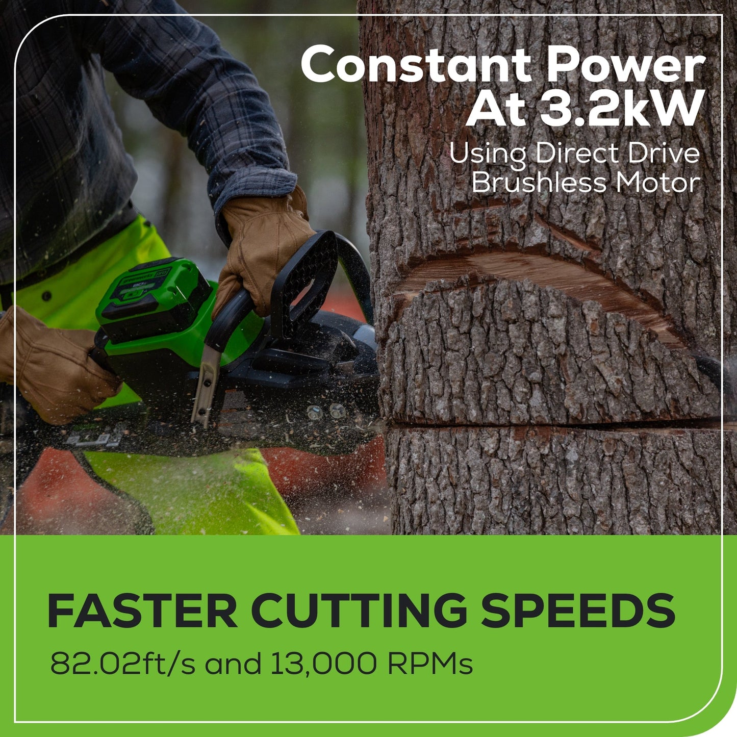 Greenworks 60V 20" Cordless Battery 3.2kW Chainsaw w/ 8.0Ah Battery & Rapid Charger - 2026202