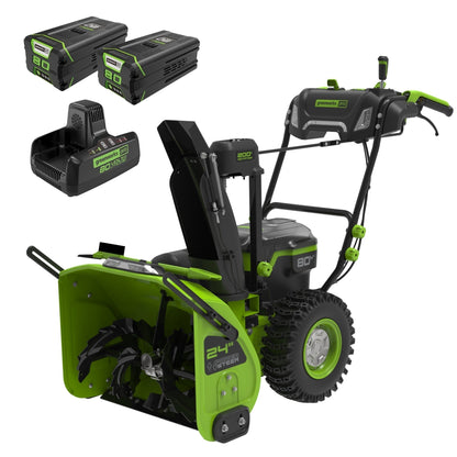 Greenworks 80V 24" Cordless Battery Two-Stage Snow Blower w/ Two (2) 5.0 Ah Batteries & Dual-Port Rapid Charger - 2609102