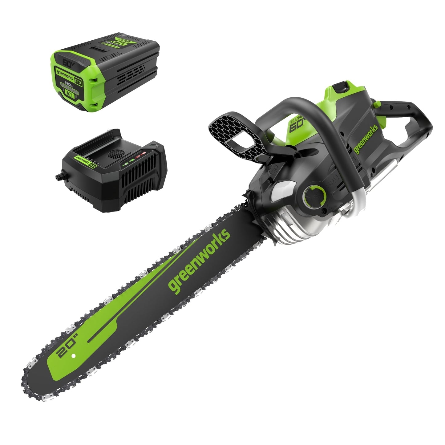 Greenworks 60V 20" Cordless Battery 3.2kW Chainsaw w/ 8.0Ah Battery & Rapid Charger - 2026202