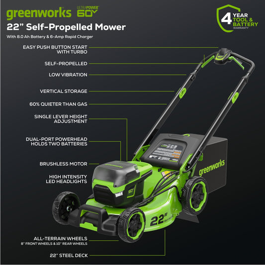 Greenworks 60V 22" Cordless Battery Self-Propelled Mower Combo Kit w/ String Trimmer and Blower - 1374902-VK