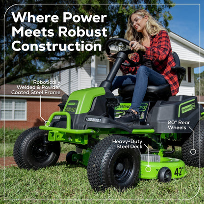 Greenworks 60V 42" Cordless Battery CrossoverT Riding Lawn Mower w/ Four (4) 8.0Ah Batteries and Two (2) Dual Port Turbo Chargers - 7420602