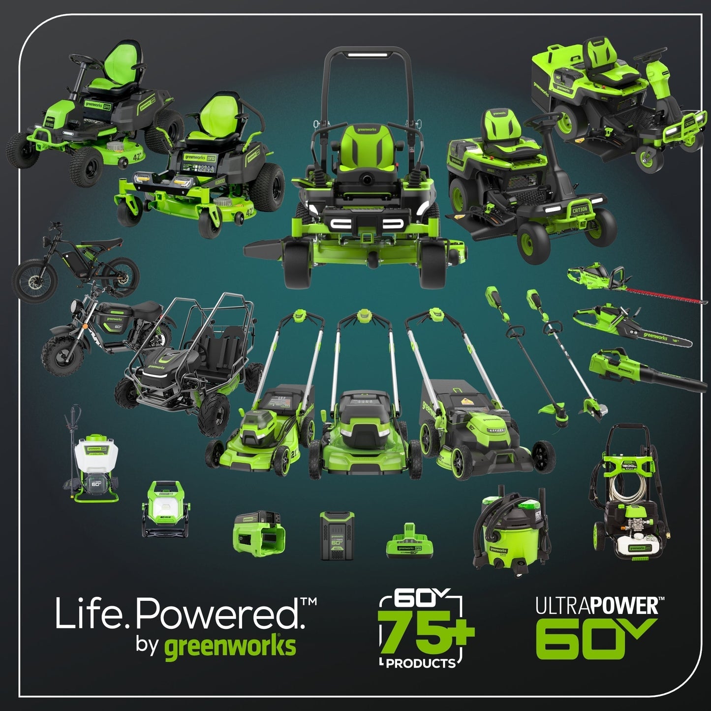 Greenworks 60V 42" Cordless Battery CrossoverT Riding Lawn Mower w/ Four (4) 8.0Ah Batteries and Two (2) Dual Port Turbo Chargers - 7420602