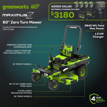 Greenworks 60V 60” MaximusZ Zero Turn w/ (2) 20.0 Ah, (4) 8.0 Ah Batteries & 1.5KW Charger - 7424202