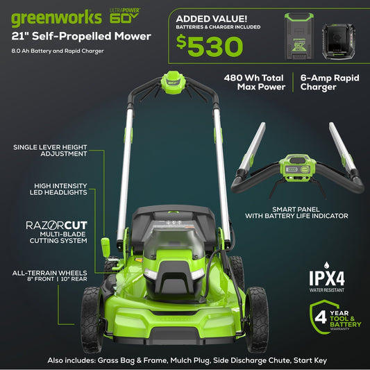Greenworks 60V 21" Cordless Battery Dual Blade Self-Propelled Mower w/ (1) 8Ah battery and 6A Charger - 2546402