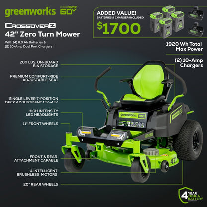 Greenworks 60V 42” Electric CrossoverZ Zero Turn Mower with (4) 8 Ah Batteries and (2) Dual Port Turbo Chargers - 7420502