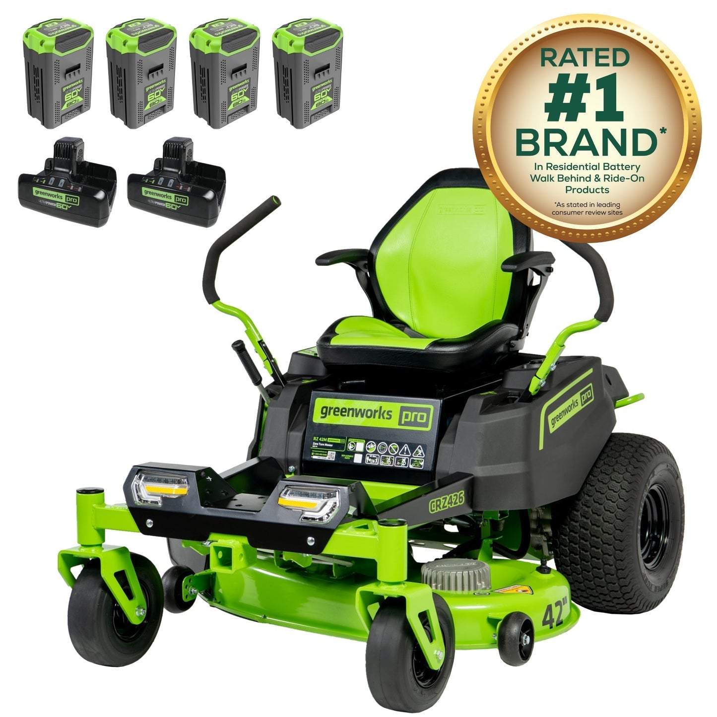 Greenworks 60V 42” Electric CrossoverZ Zero Turn Mower with (4) 8 Ah Batteries and (2) Dual Port Turbo Chargers - 7420502