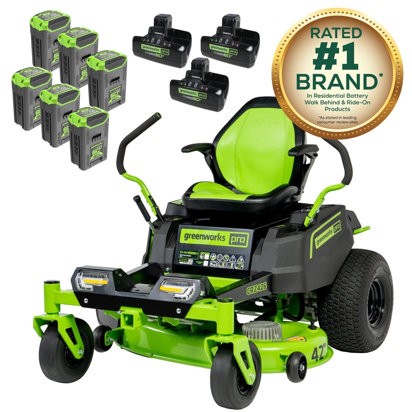 Greenworks 60V 42” Electric CrossoverZ Zero Turn Mower with (6) 8 Ah Batteries and (3) Dual Port Turbo Chargers - 7409302
