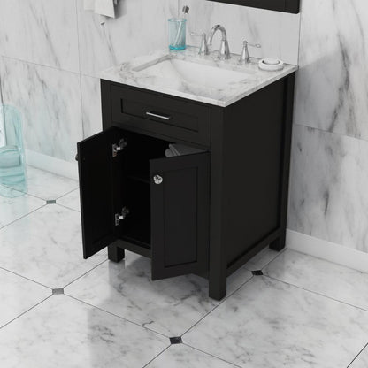 Alya Bath Norwalk 24" Single Espresso Freestanding  Bathroom Vanity With Carrara Marble Top, Ceramic Sink and Wall Mounted Mirror - HE-101-24-E-CWMT + HE-101/102-24-E-M - Backyard Provider