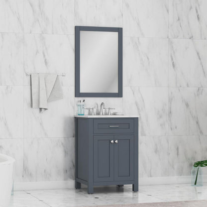 Alya Bath Norwalk 24" Single Gray Freestanding  Bathroom Vanity With Carrara Marble Top, Ceramic Sink and Wall Mounted Mirror - HE-101-24-G-CWMT + HE-101/102-24-G-M - Backyard Provider