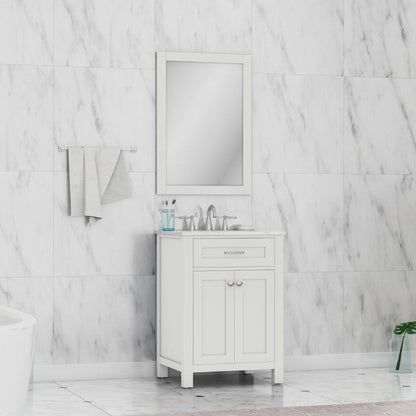 Alya Bath Norwalk 24" Single White Freestanding  Bathroom Vanity With Carrara Marble Top, Ceramic Sink and Wall Mounted Mirror - HE-101-24-W-CWMT + HE-101/102-24-W-M - Backyard Provider