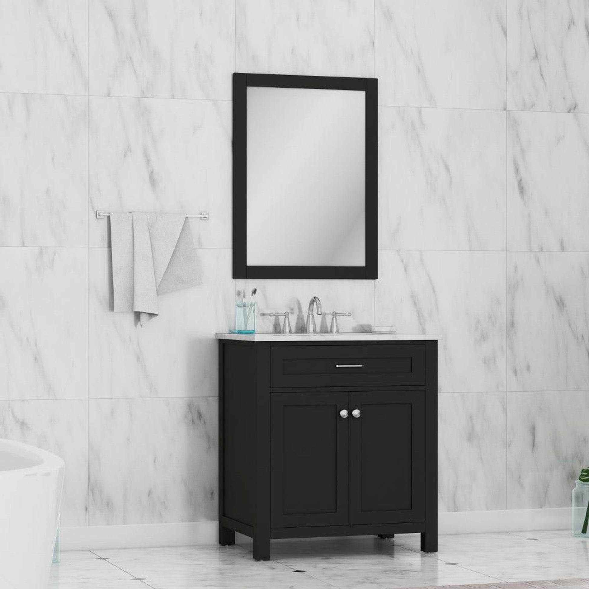 Alya Bath Norwalk 30" Single Espresso Freestanding Bathroom Vanity With Carrara Marble Top, Ceramic Sink and Wall Mounted Mirror - HE-101-30-E-CWMT + HE-101/102-30-E-M - Backyard Provider