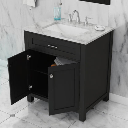 Alya Bath Norwalk 30" Single Espresso Freestanding Bathroom Vanity With Carrara Marble Top, Ceramic Sink and Wall Mounted Mirror - HE-101-30-E-CWMT + HE-101/102-30-E-M - Backyard Provider