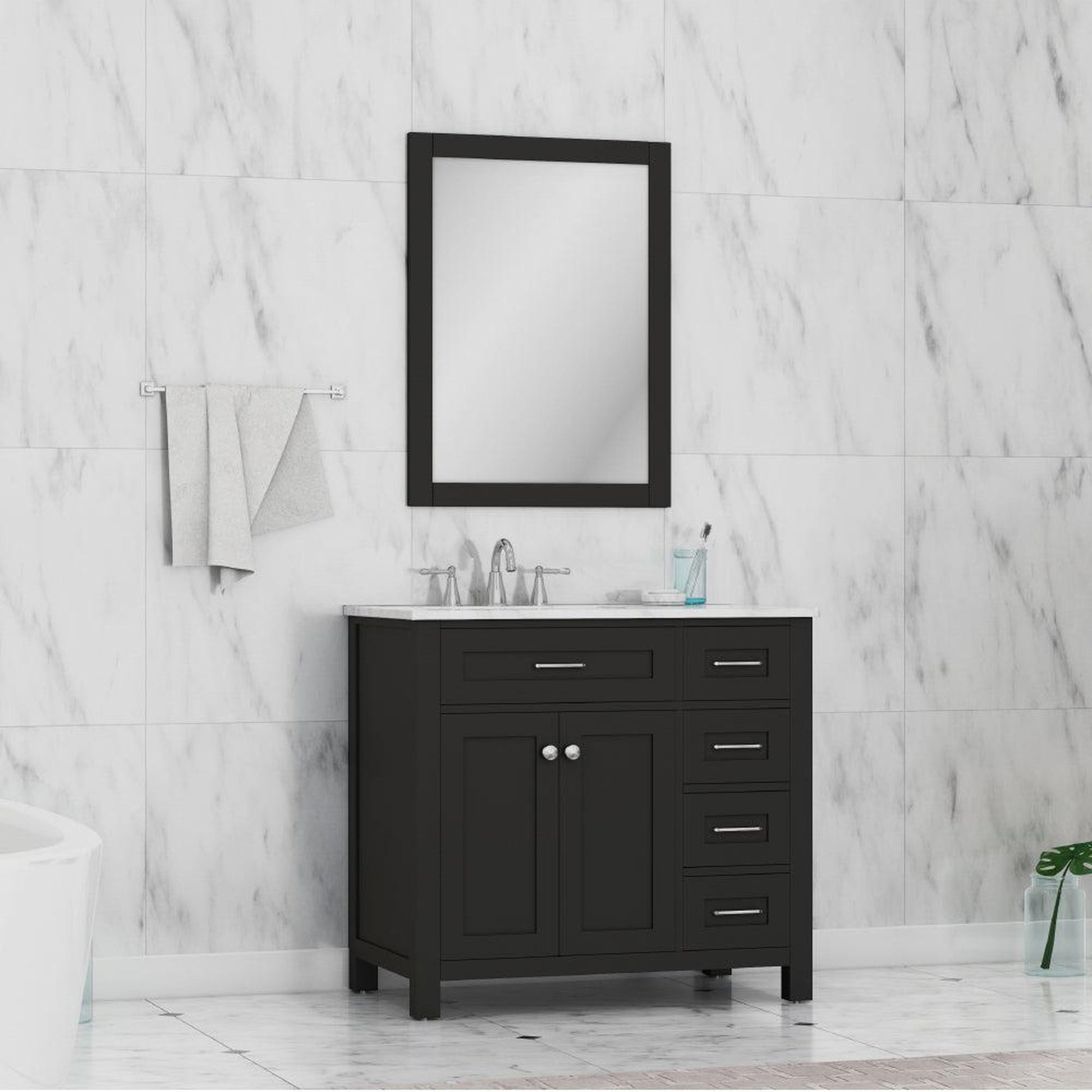 Alya Bath Norwalk 36" Single Espresso Freestanding  Bathroom Vanity With Drawers, Carrara Marble Top, Ceramic Sink and Wall Mounted Mirror - HE-101-36-DR-E-CWMT + HE-101/102-36-G-M - Backyard Provider