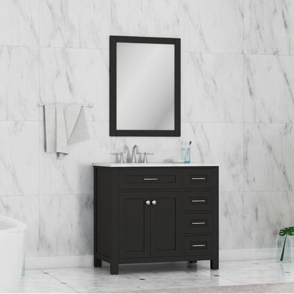 Alya Bath Norwalk 36" Single Espresso Freestanding  Bathroom Vanity With Drawers, Carrara Marble Top, Ceramic Sink and Wall Mounted Mirror - HE-101-36-DR-E-CWMT + HE-101/102-36-G-M - Backyard Provider
