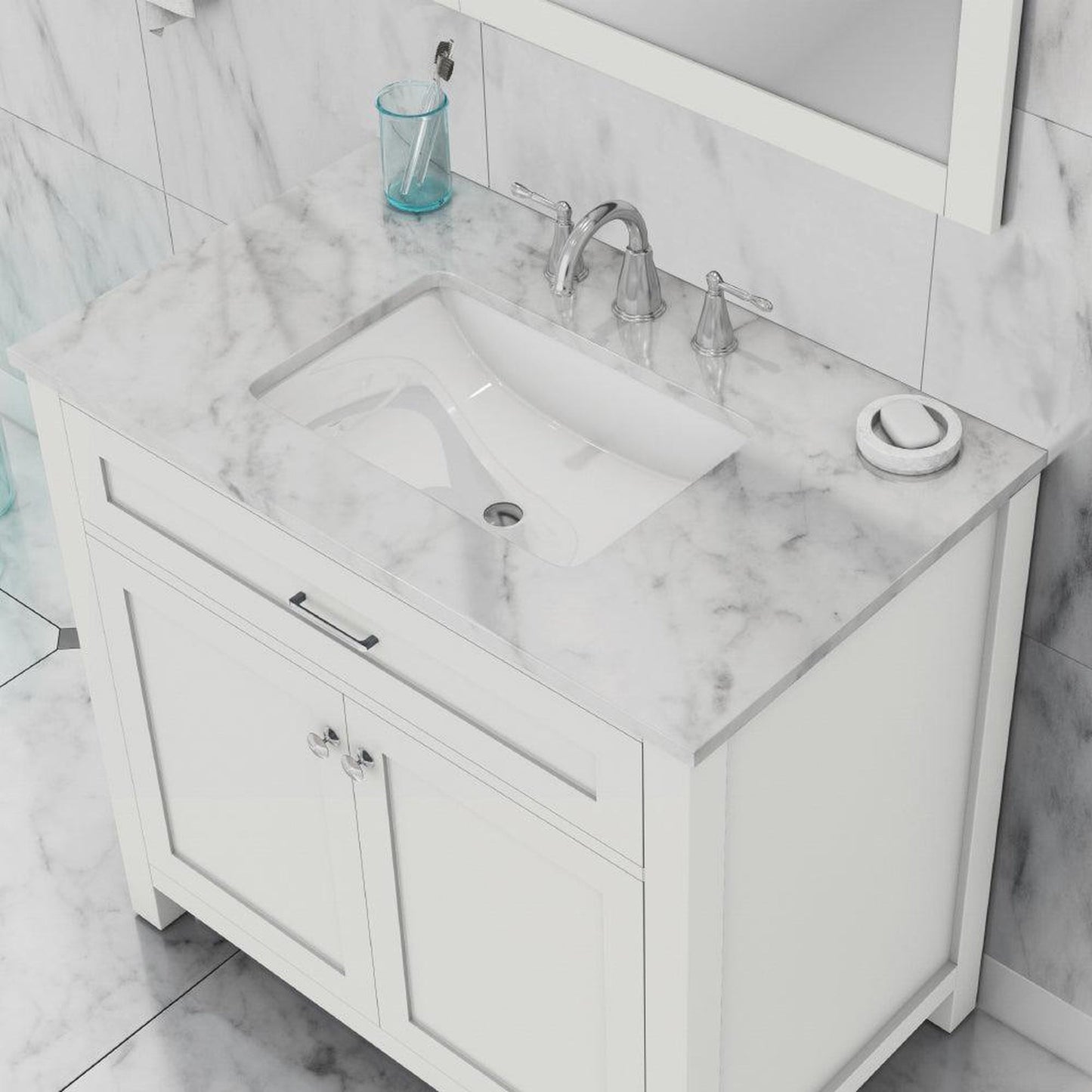 Alya Bath Norwalk 36" Single White Freestanding  Bathroom Vanity With Carrara Marble Top, Ceramic Sink and Wall Mounted Mirror - HE-101-36-W-CWMT + HE-101/102-36-W-M - Backyard Provider
