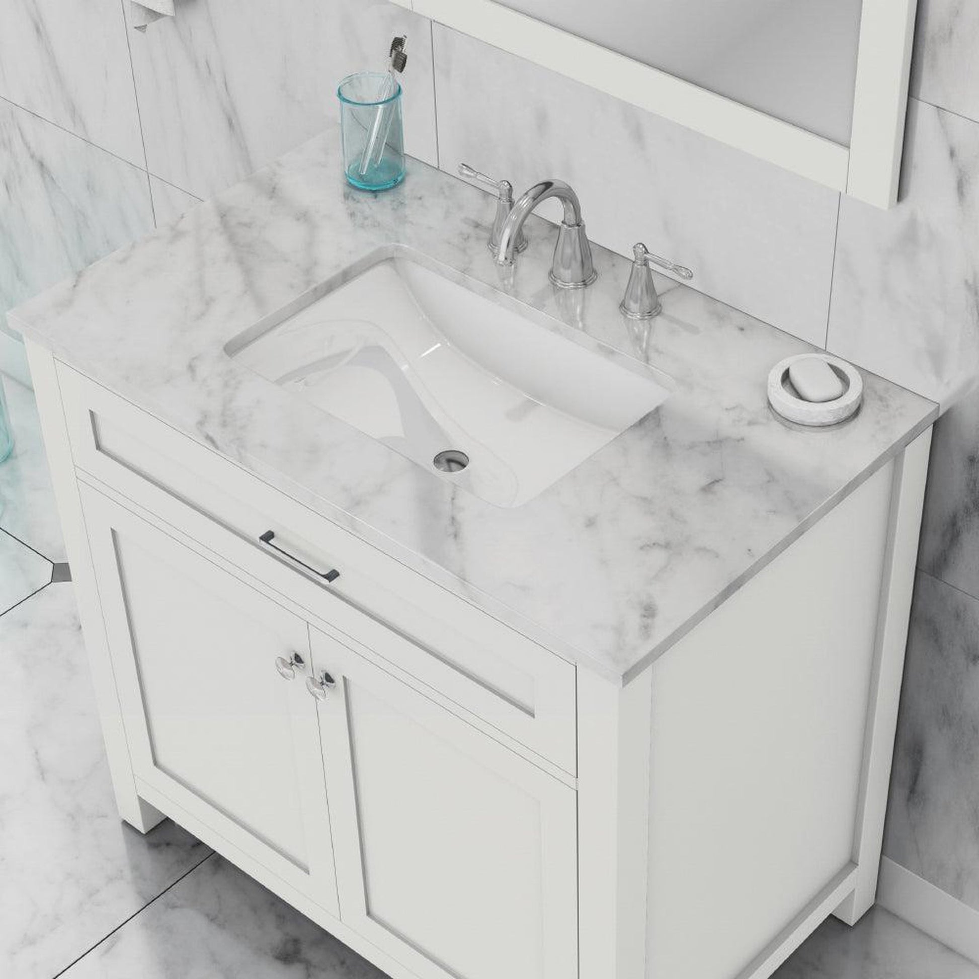 Alya Bath Norwalk 36" Single White Freestanding  Bathroom Vanity With Carrara Marble Top, Ceramic Sink and Wall Mounted Mirror - HE-101-36-W-CWMT + HE-101/102-36-W-M - Backyard Provider