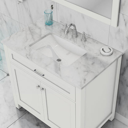 Alya Bath Norwalk 36" Single White Freestanding  Bathroom Vanity With Carrara Marble Top, Ceramic Sink and Wall Mounted Mirror - HE-101-36-W-CWMT + HE-101/102-36-W-M - Backyard Provider