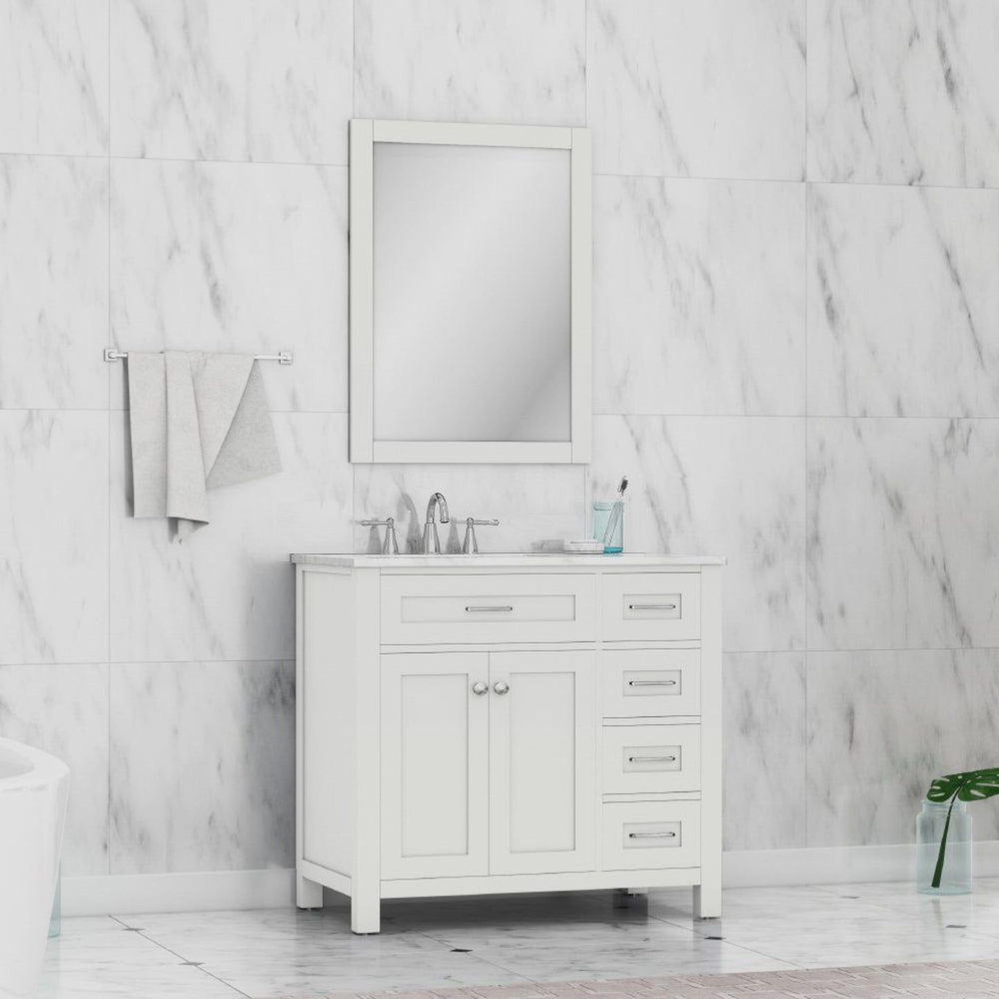 Alya Bath Norwalk 36" Single White Freestanding  Bathroom Vanity With Drawers, Carrara Marble Top and Ceramic Sink and Wall Mounted Mirror - HE-101-36-DR-W-CWMT + HE-101/102-36-W-M - Backyard Provider