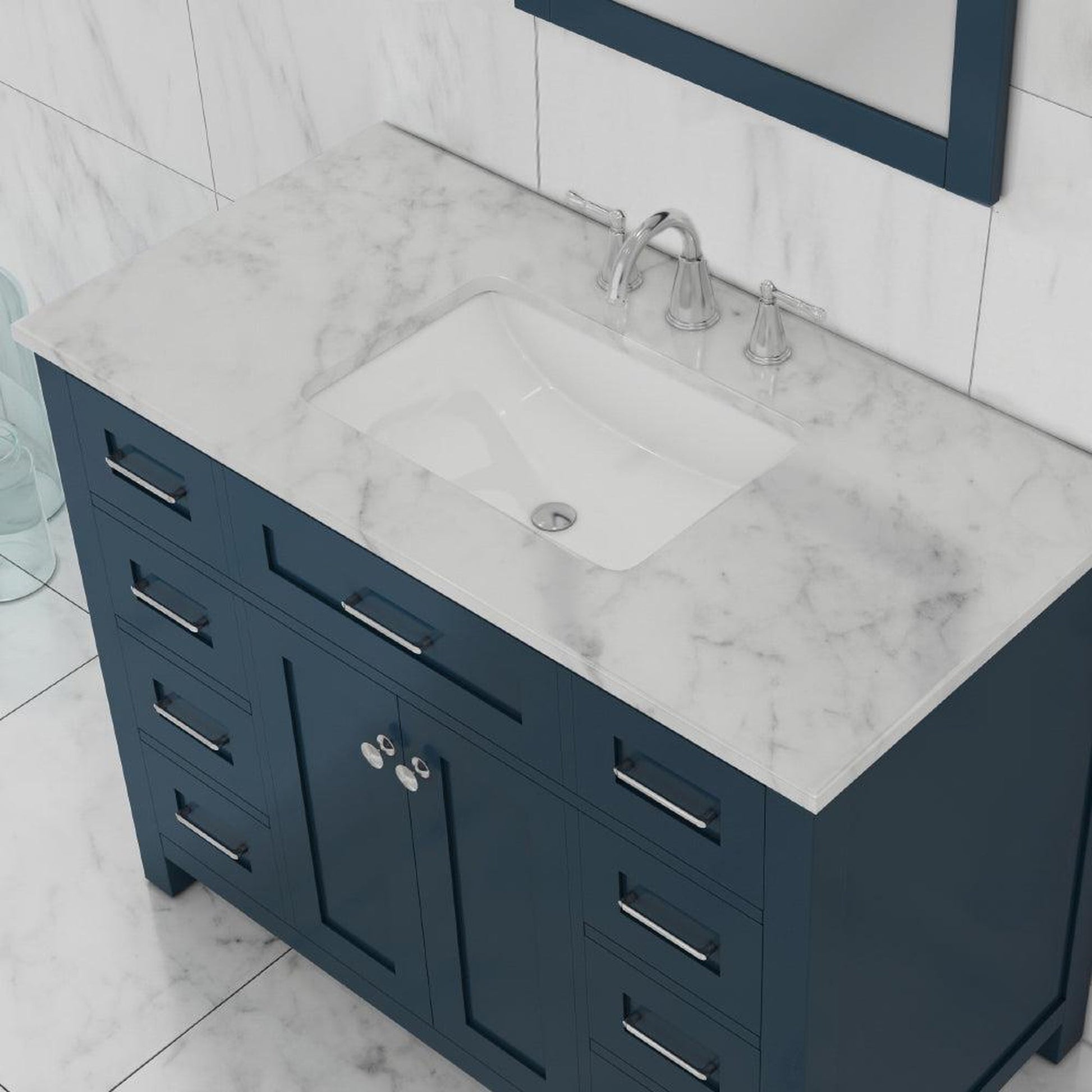 Alya Bath Norwalk 42" Single Blue Freestanding  Bathroom Vanity With Carrara Marble Top, Ceramic Sink and Wall Mounted Mirror - HE-101-42-B-CWMT + HE-101/102-42-B-M - Backyard Provider