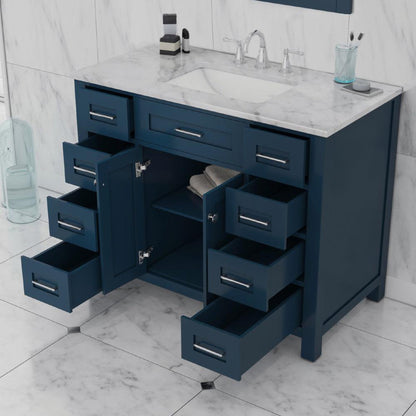 Alya Bath Norwalk 42" Single Blue Freestanding  Bathroom Vanity With Carrara Marble Top, Ceramic Sink and Wall Mounted Mirror - HE-101-42-B-CWMT + HE-101/102-42-B-M - Backyard Provider