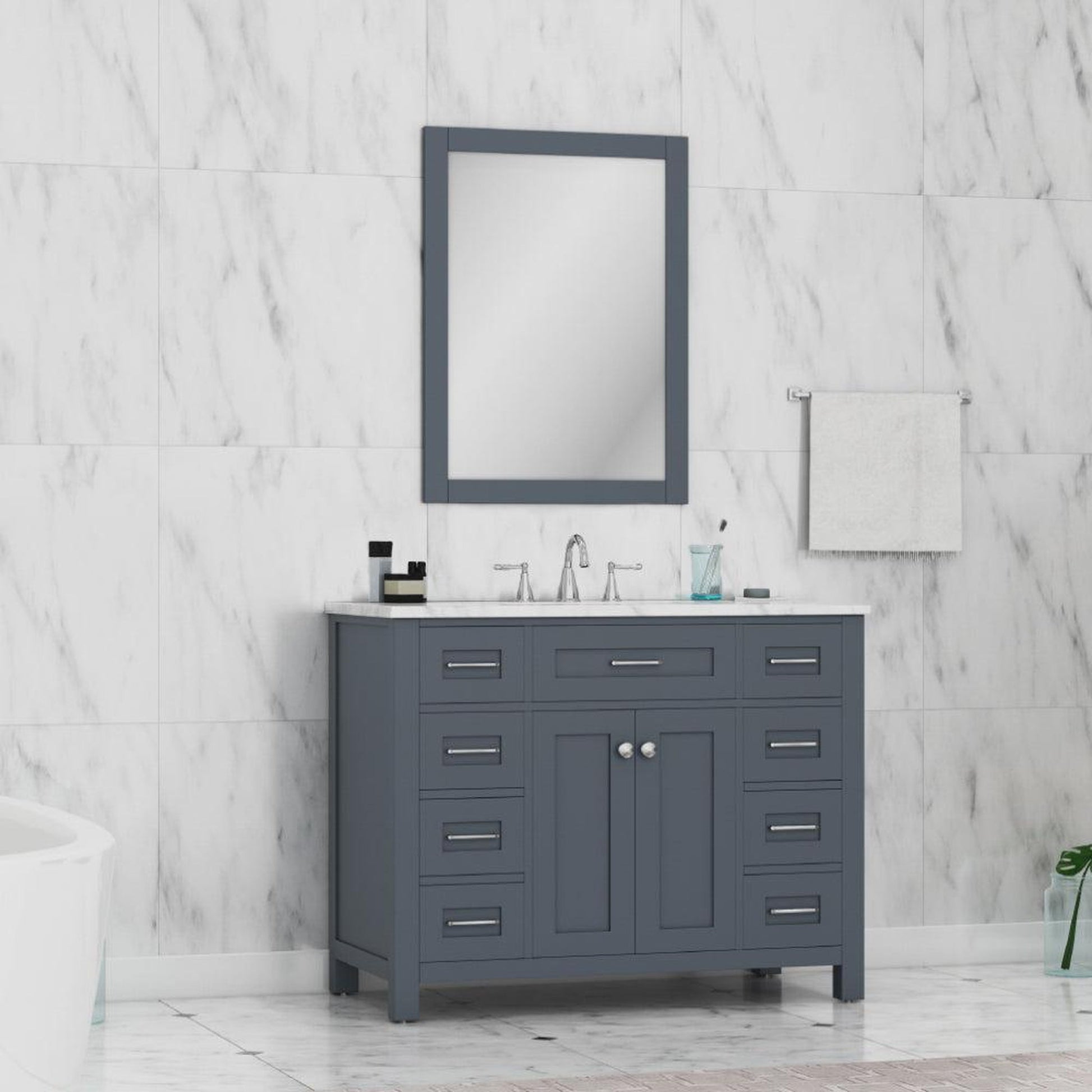 Alya Bath Norwalk 42" Single Gray Freestanding  Bathroom Vanity With Carrara Marble Top, Ceramic Sink and Wall Mounted Mirror - HE-101-42-G-CWMT + HE-101/102-42-W-M - Backyard Provider