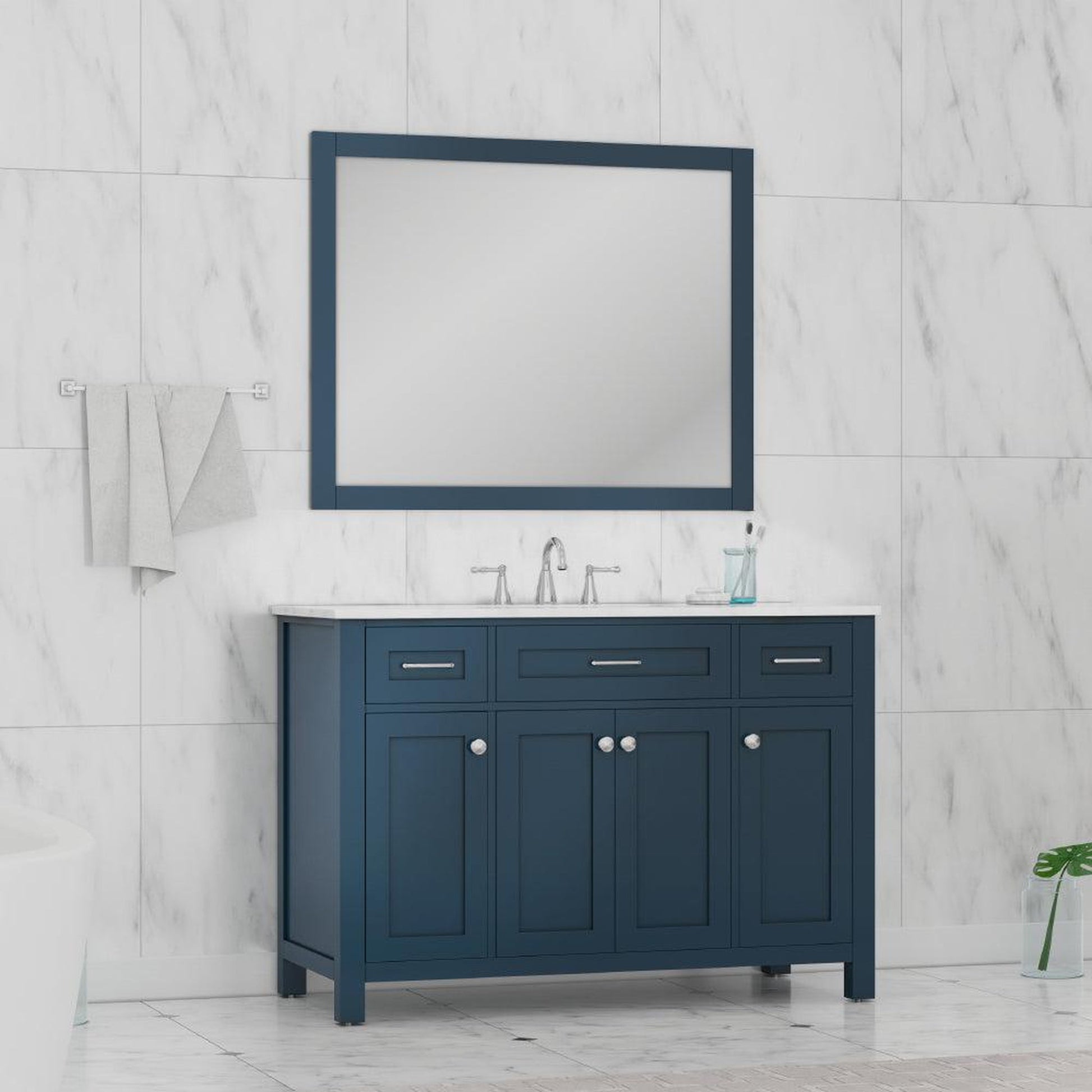 Alya Bath Norwalk 48" Single Blue Freestanding  Bathroom Vanity With Carrara Marble Top, Ceramic Sink and Wall Mounted Mirror - HE-101-48-B-CWMT + HE-101/102-42-B-M - Backyard Provider