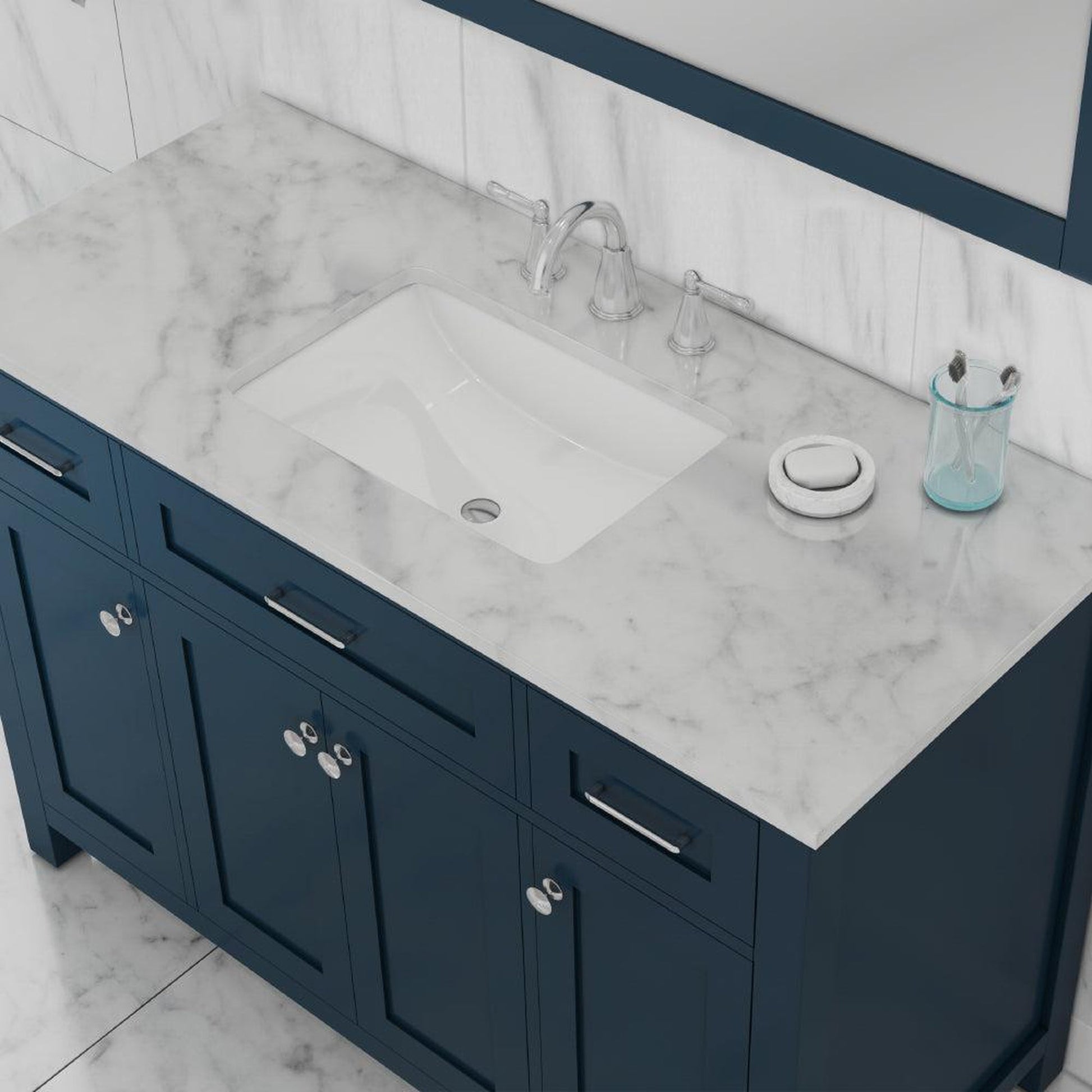 Alya Bath Norwalk 48" Single Blue Freestanding  Bathroom Vanity With Carrara Marble Top, Ceramic Sink and Wall Mounted Mirror - HE-101-48-B-CWMT + HE-101/102-42-B-M - Backyard Provider