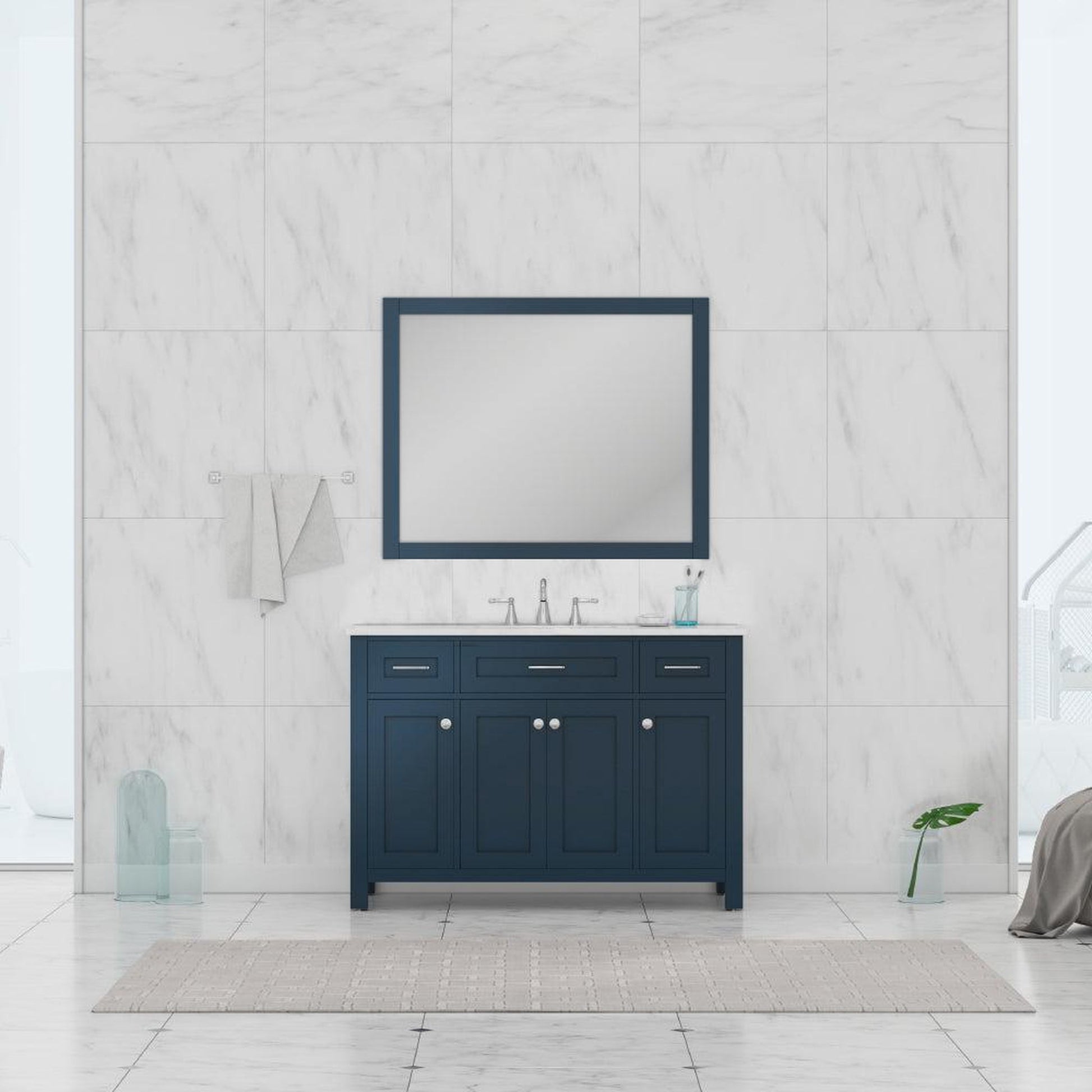 Alya Bath Norwalk 48" Single Blue Freestanding  Bathroom Vanity With Carrara Marble Top, Ceramic Sink and Wall Mounted Mirror - HE-101-48-B-CWMT + HE-101/102-42-B-M - Backyard Provider