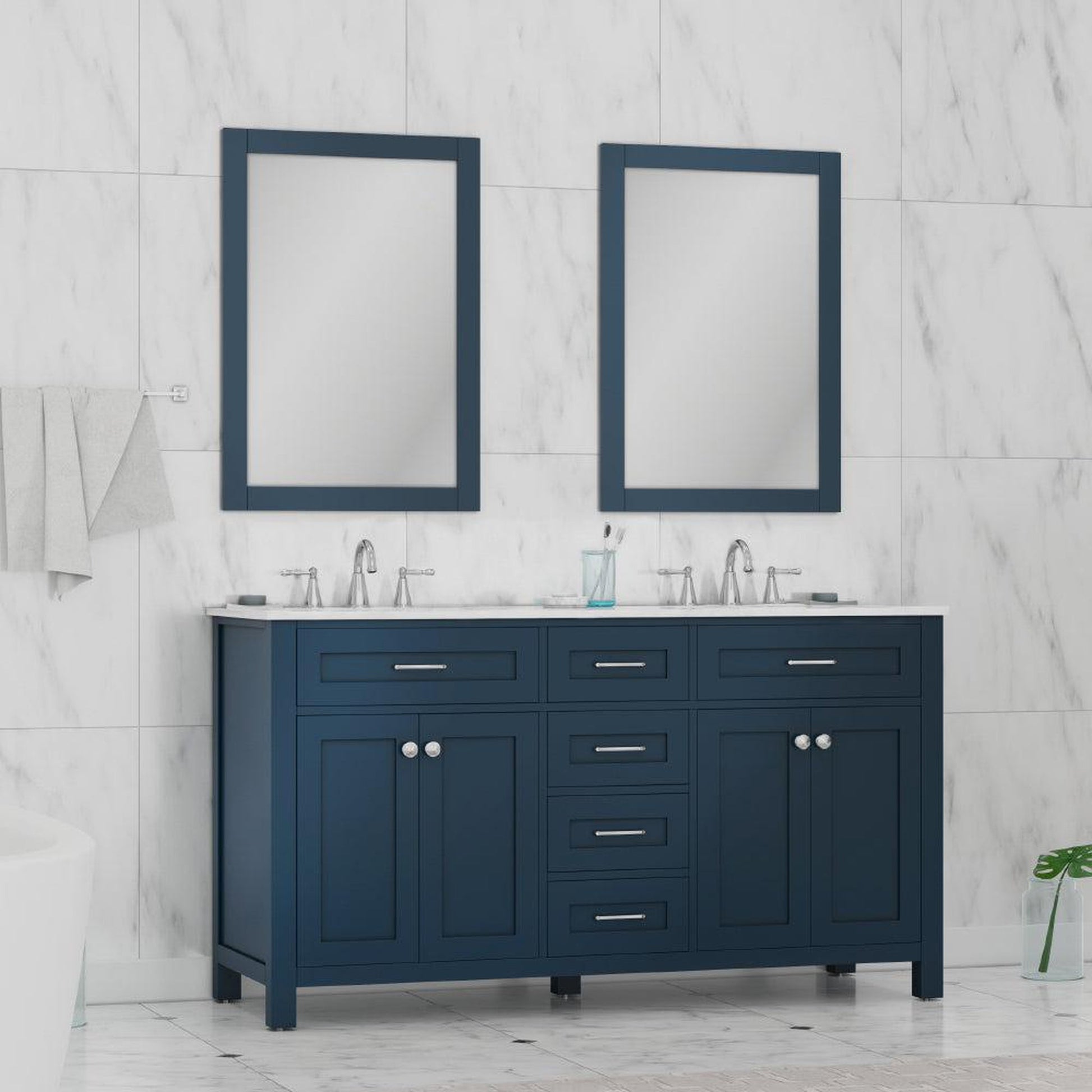 Alya Bath Norwalk 60" Double Blue Freestanding  Bathroom Vanity With Carrara Marble Top, Ceramic Sinks and Two Mirrors - HE-101-60D-B-CWMT + 2x HE-101/102-24-B-M - Backyard Provider